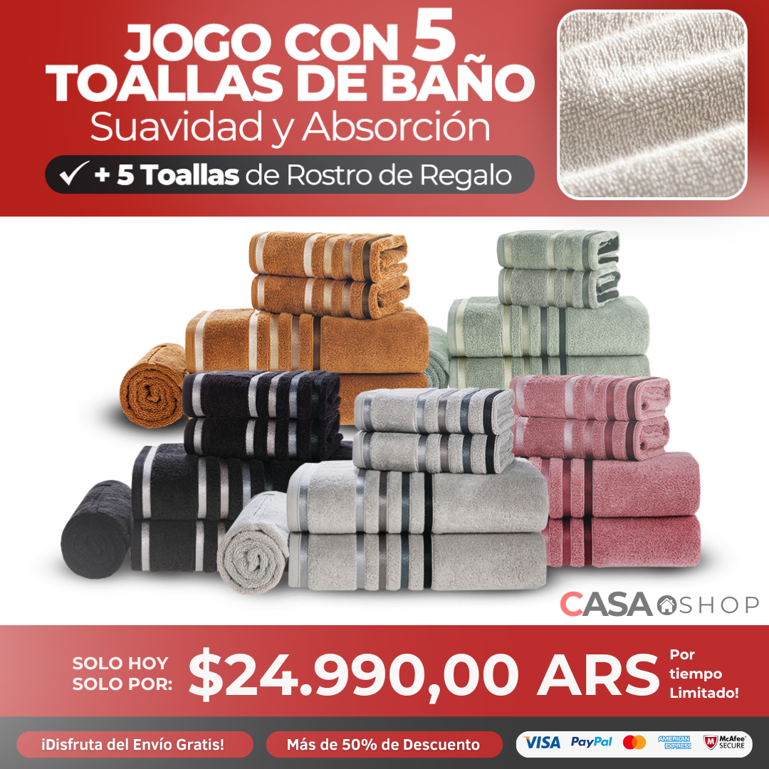 Jogo con 5 Toallas de Baño + 5 Toallas de Rostro de Regalo
